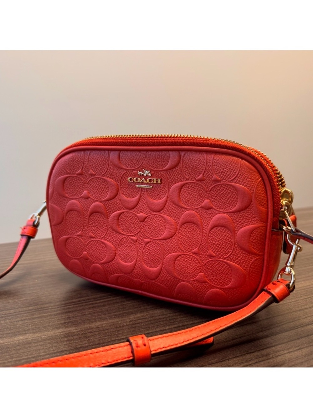 COACH Sadie DoubleZip Crossbody Clutch, Debossed Signature Leather, Bright Coral
